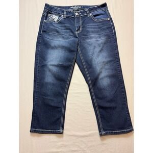 Love Indigo Premium Womens Dark Wash Fleur De Lis Capri Jeans Size 12 Cropped
